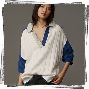 NWT: Blue & White Collared V-Neck Short Sleeve Rugby Sweater (XS) by Maeve